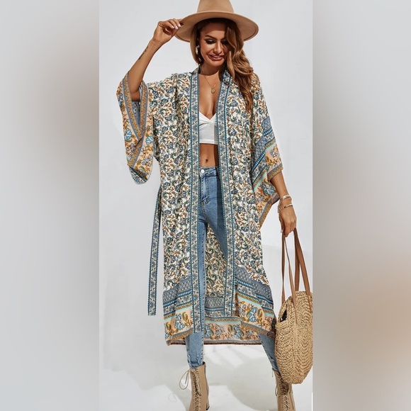 WORLD MARKET Floral Kimono with Blue and Tan Accents - Picture 9 of 17